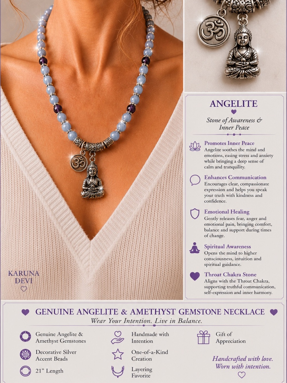 Angelite Genuine Stone, Lakshmi Charm Necklace